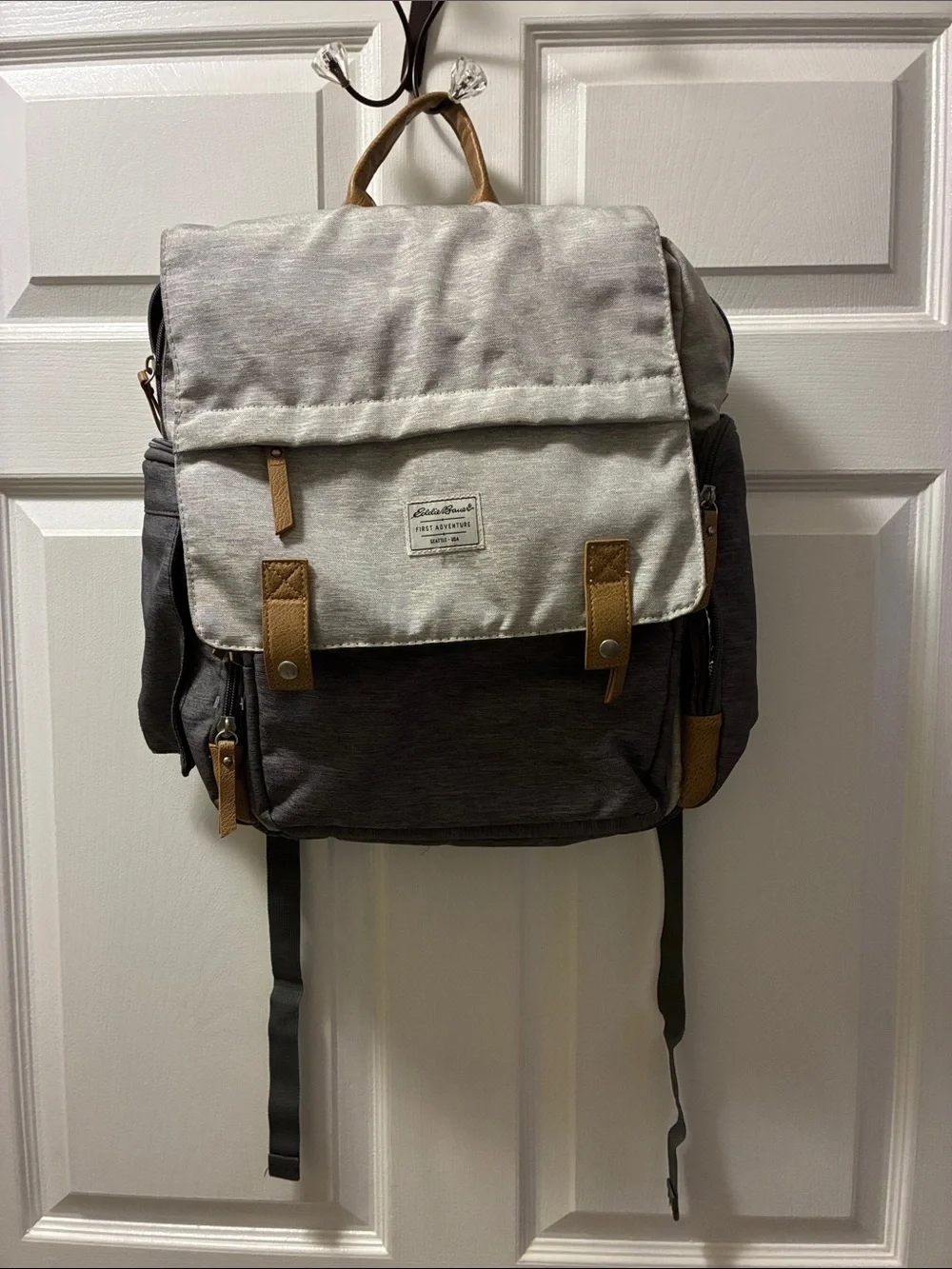 Eddie Bauer Cascade Canvas Two-Tone Gray & Cream DiaperBackpack w/ Tan Accents